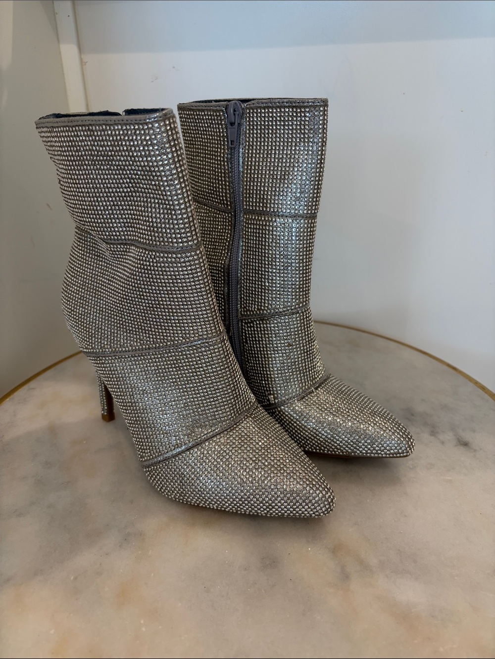 Women's Silver Rhinestone Pointed-Toe Ankle Boots